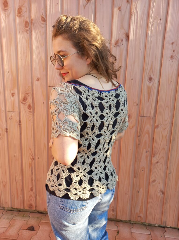 pull crochet soie ficelle dos 3 laines aquareve